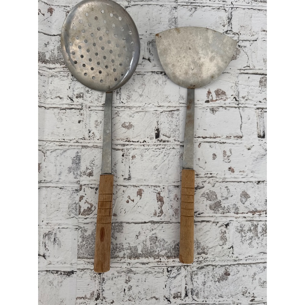 Vintage Wok Spatula and Skimmer Set Wood Handle Metal Kitchen Utensils